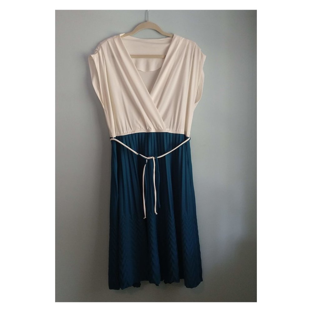 Vintage Dress, Cream and Teal Retro Dress, Size L